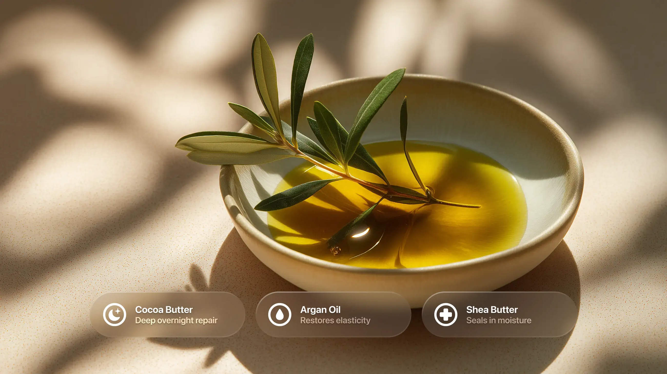 Argan oil in bowl with olive branch, cocoa butter argan oil and shea butter ingredient callouts