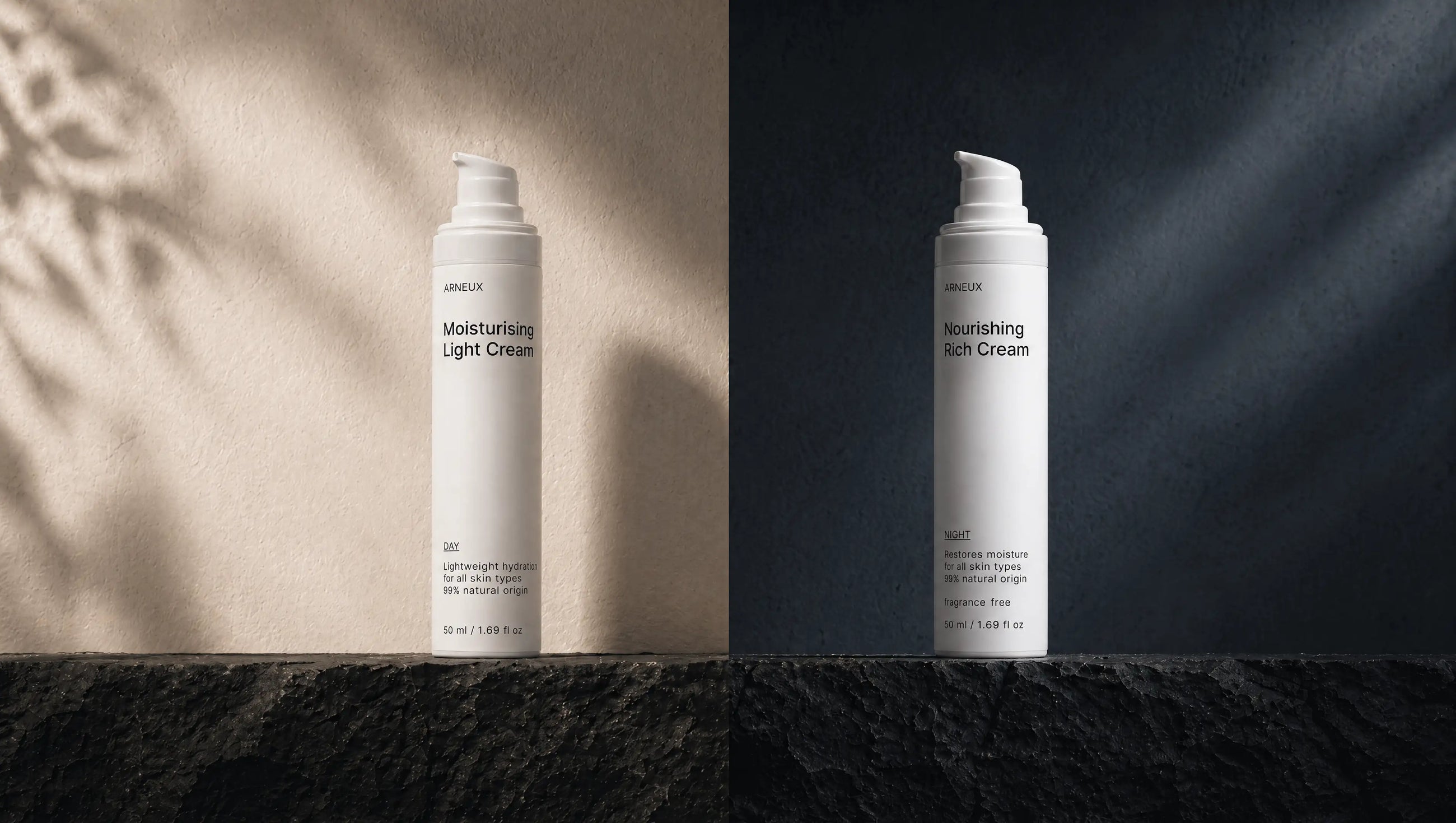 NIGHT nourishing rich cream and DAY moisturizing light cream bottles paired on dark surface