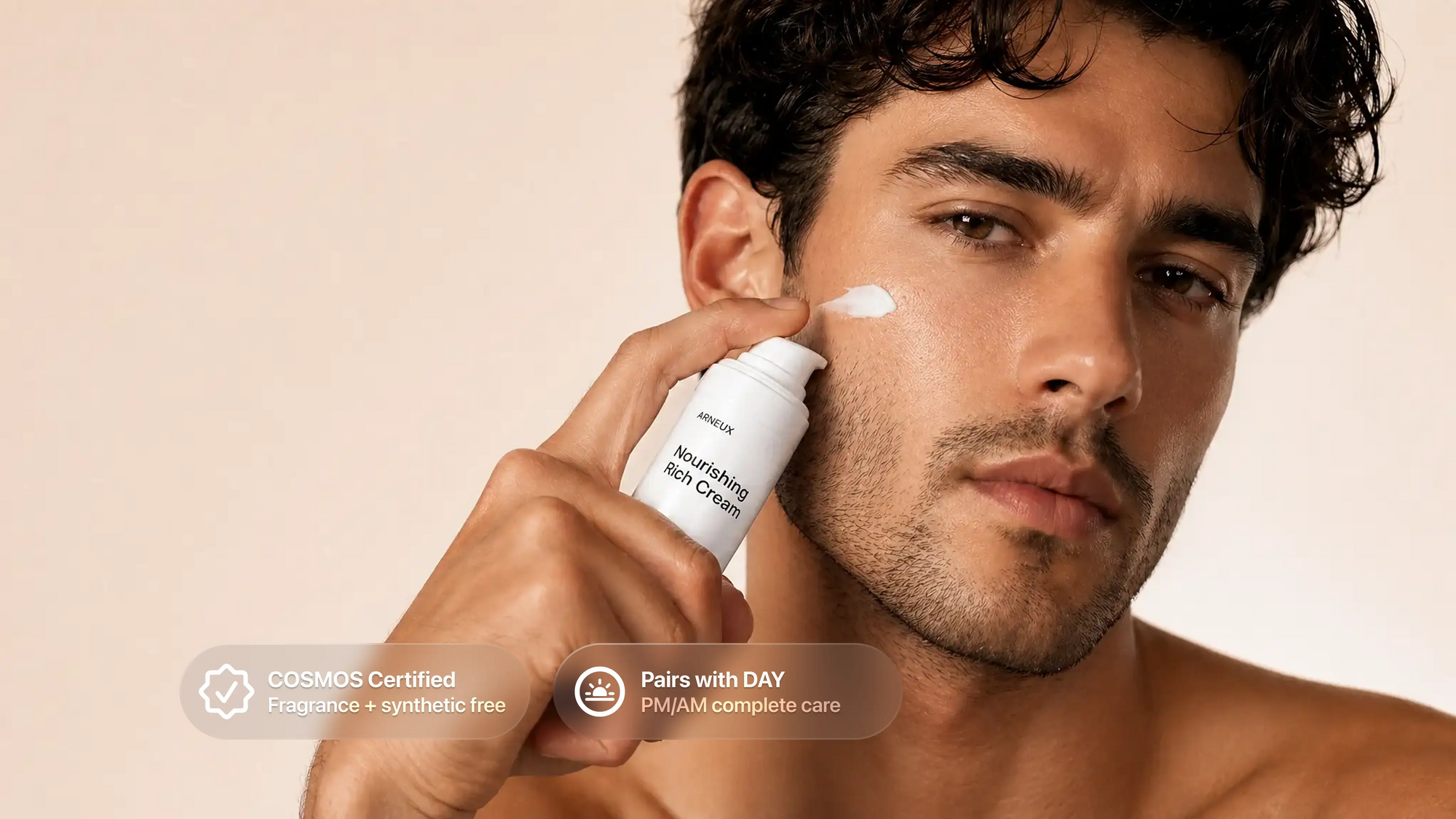 Man applying NIGHT nourishing rich cream to cheek, COSMOS certified pairs with DAY callout