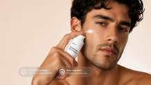 Man applying NIGHT nourishing rich cream to cheek, COSMOS certified pairs with DAY callout