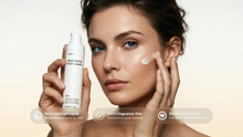 Woman tapping NIGHT rich cream to cheek, rich overnight repair and fragrance-free callouts