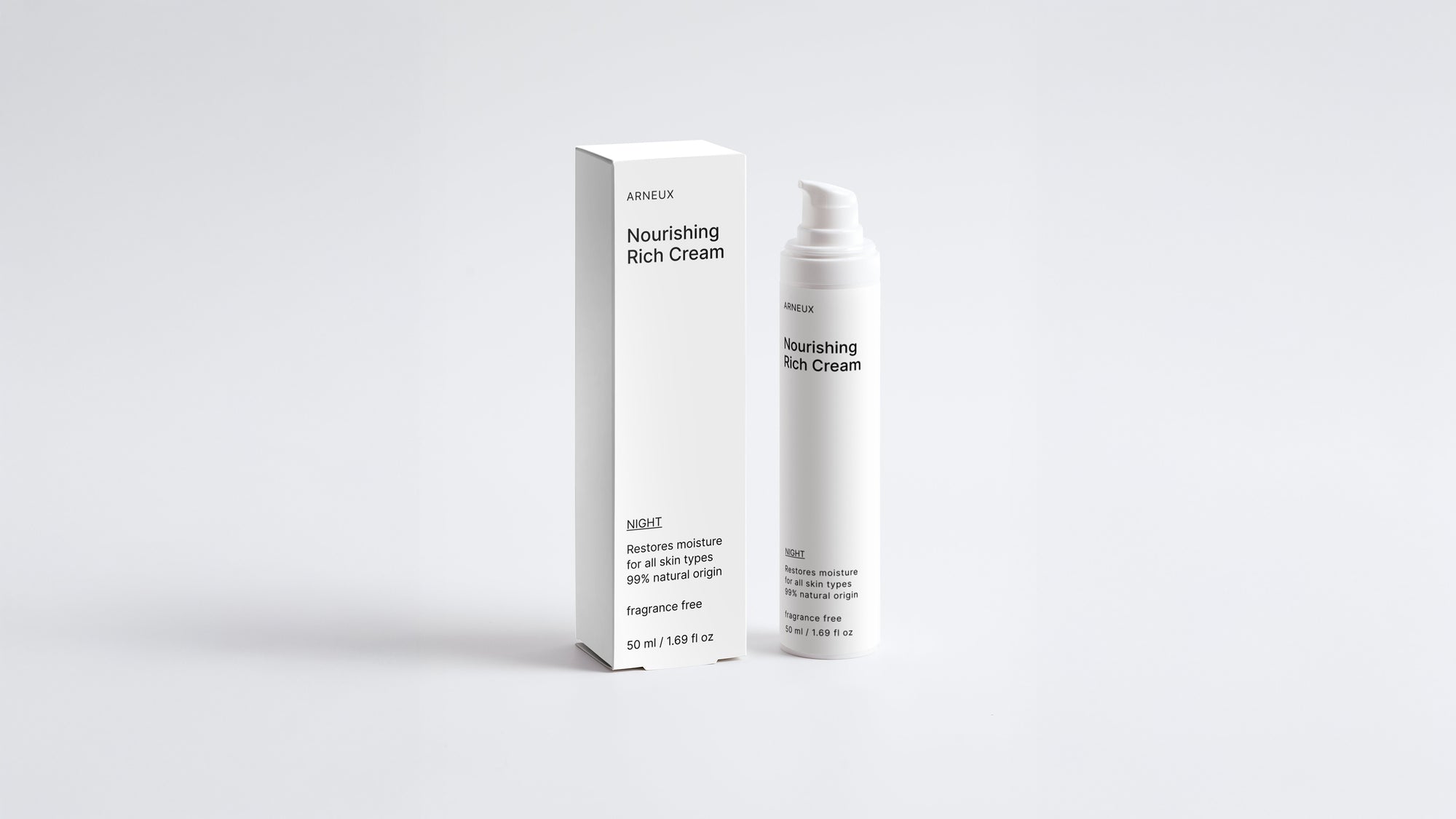 NIGHT nourishing rich cream bottle and box packaging set on grey background