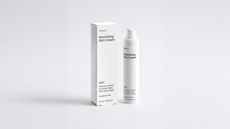 NIGHT nourishing rich cream bottle and box packaging set on grey background