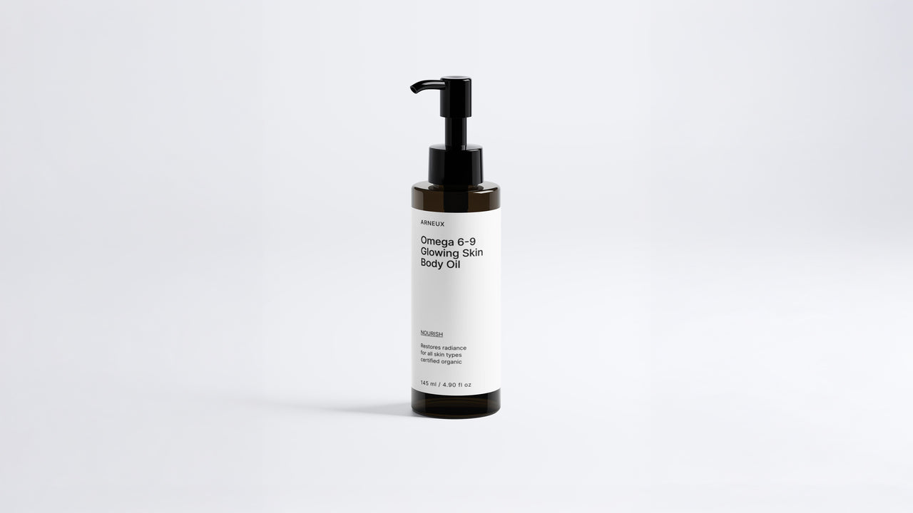 Arneux NOURISH omega 6-9 glowing skin body oil pump bottle, front label view on white background