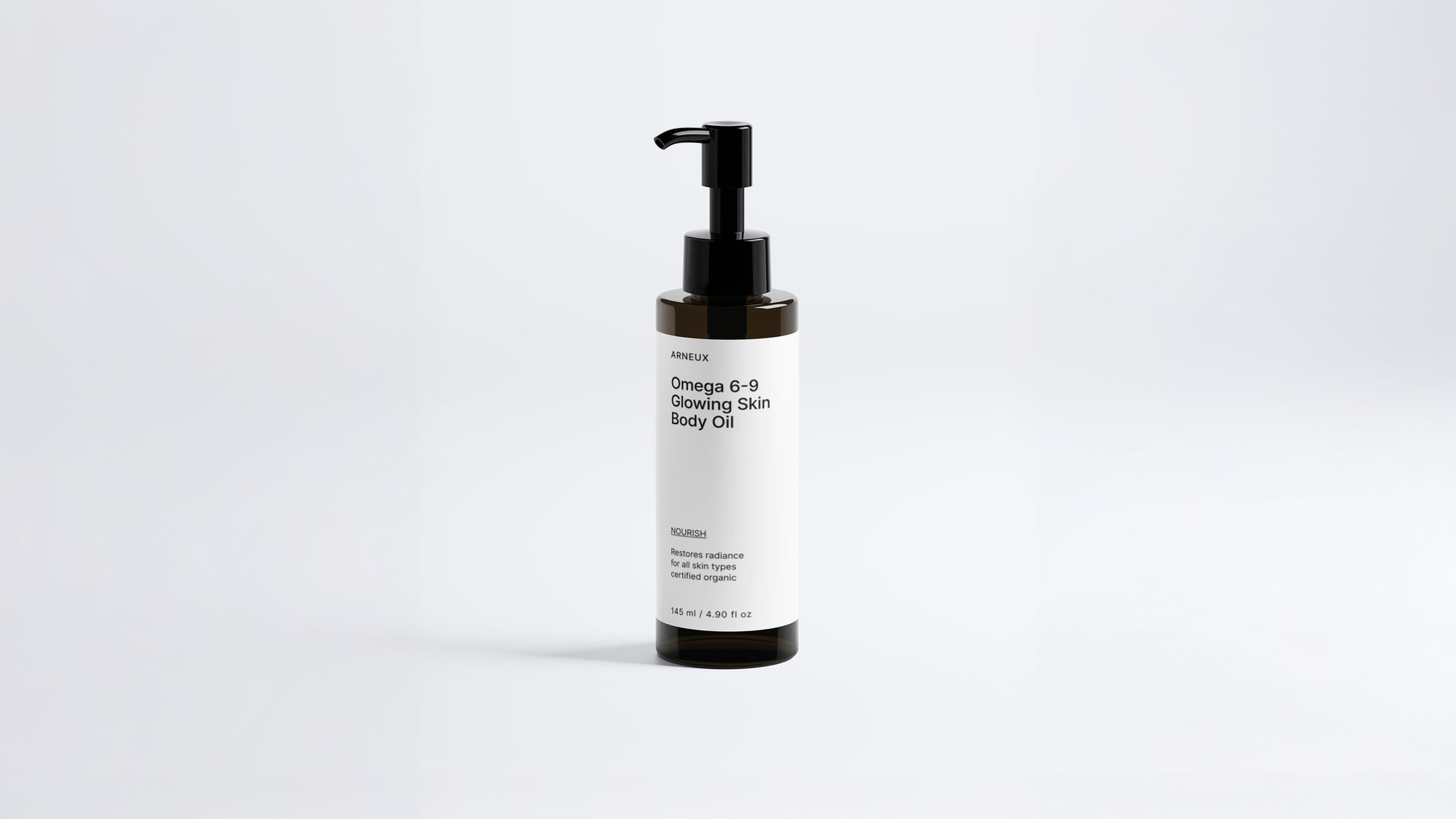 Arneux NOURISH omega 6-9 glowing skin body oil pump bottle, front label view on white background