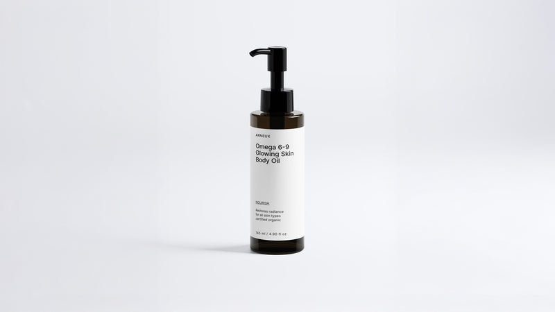 Arneux NOURISH omega 6-9 glowing skin body oil pump bottle, front label view on white background