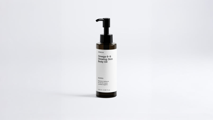 Arneux NOURISH omega 6-9 glowing skin body oil pump bottle, front label view on white background