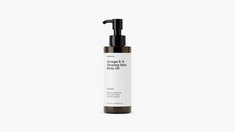 ARNEUX NOURISH omega 6-9 glowing skin body oil pump bottle, front label view on white background