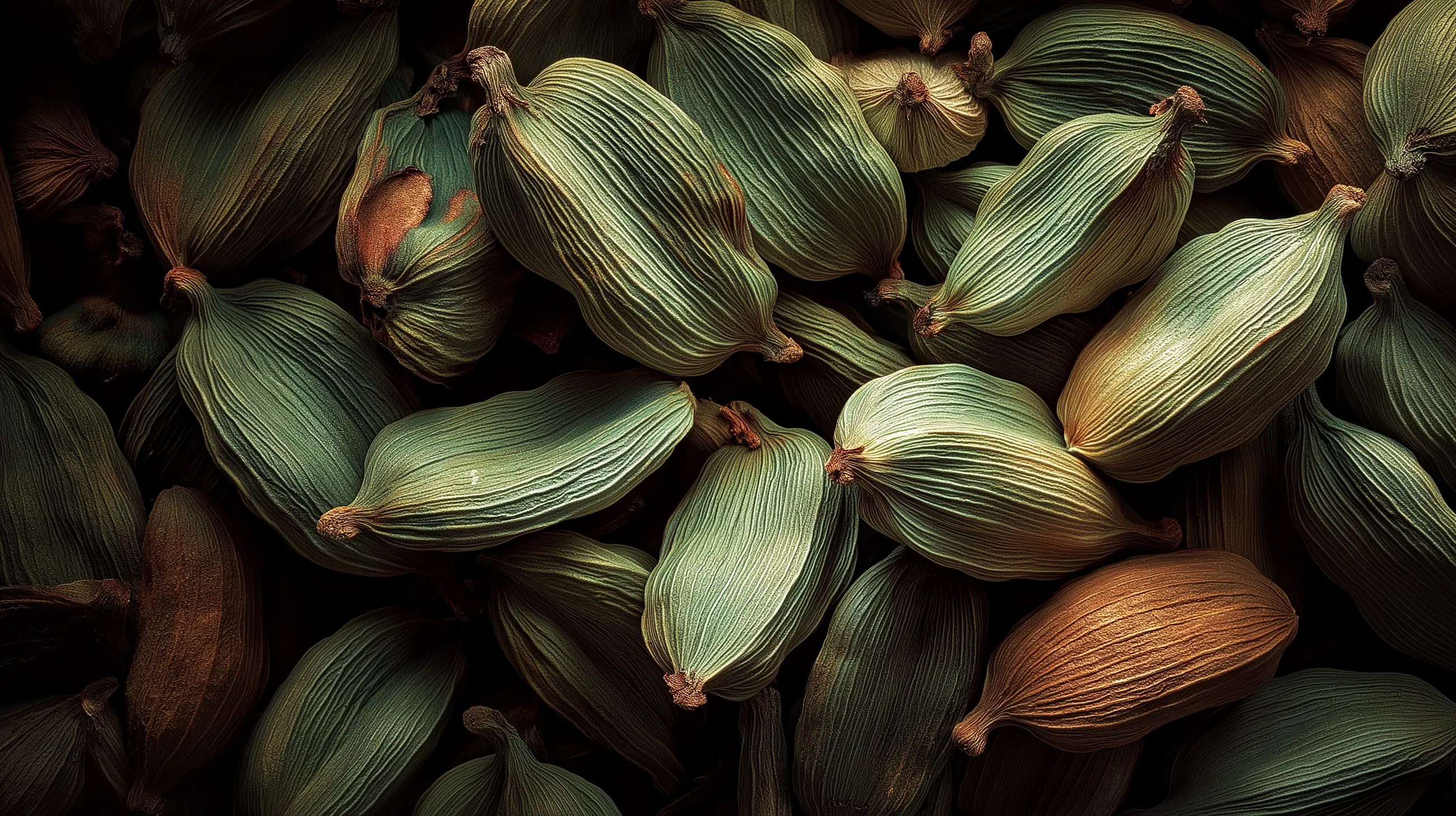 Green cardamom pods close-up, antioxidant botanical ingredient in NOURISH omega 6-9 body oil