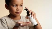 Young girl holding NOURISH body oil bottle, COSMOS Organic certified safe for all ages whole family use
