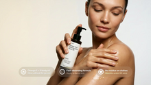 Woman applying NOURISH omega 6-9 body oil to shoulder, fast-absorbing no residue on clothes callouts