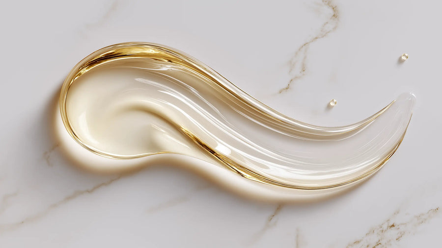 Lightweight golden oil swatch on white marble, fast-absorbing omega 6-9 texture from NOURISH body oil