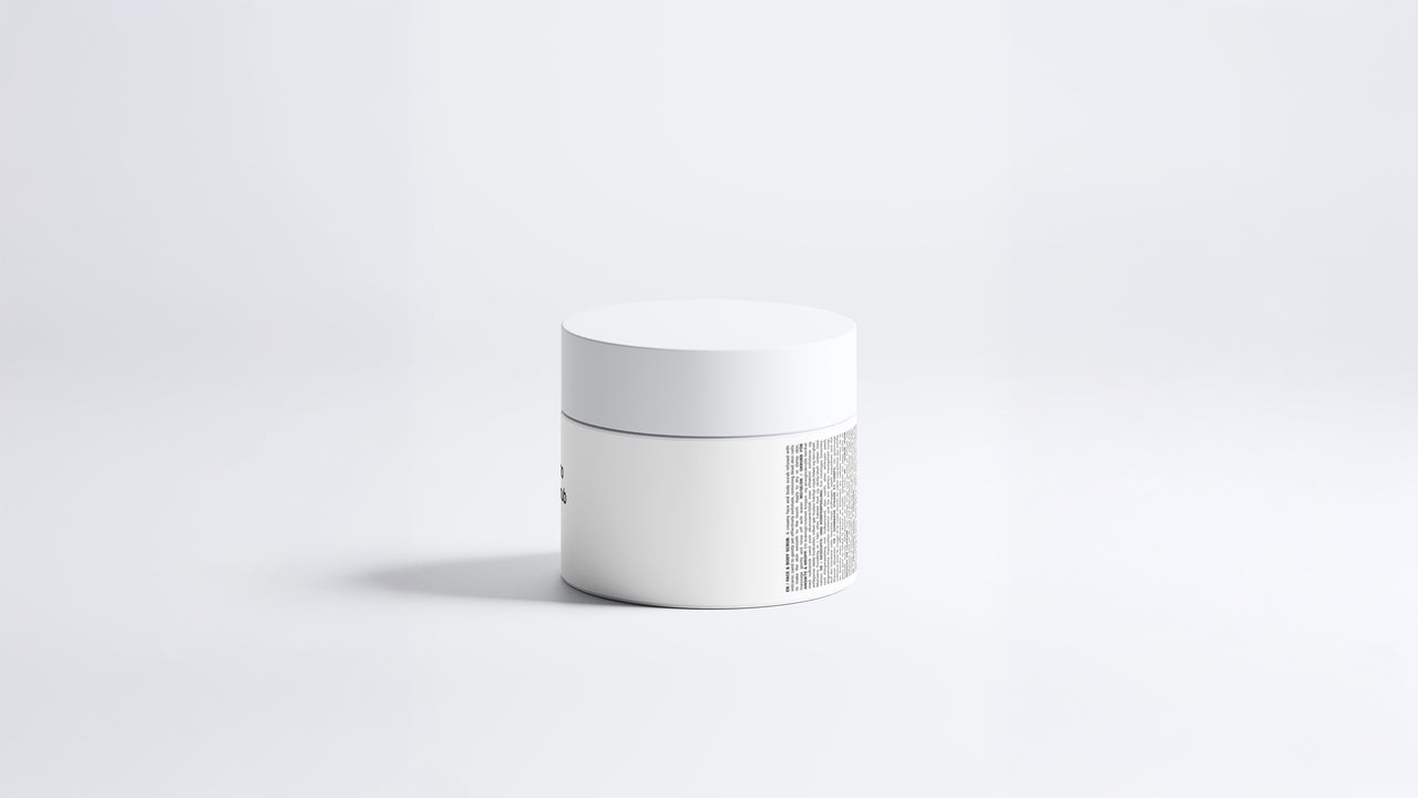 REFINE icelandic volcano scrub jar side view showing back label text on grey background