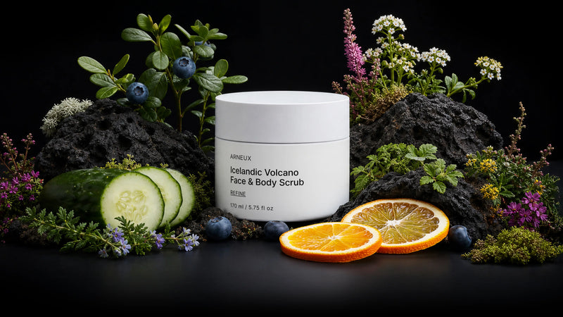 REFINE scrub jar on volcanic rock with blueberries, cucumber, orange slices and wildflowers