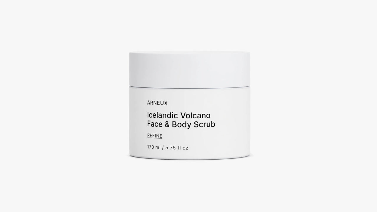 Arneux REFINE icelandic volcano face and body scrub white jar, front label on white background