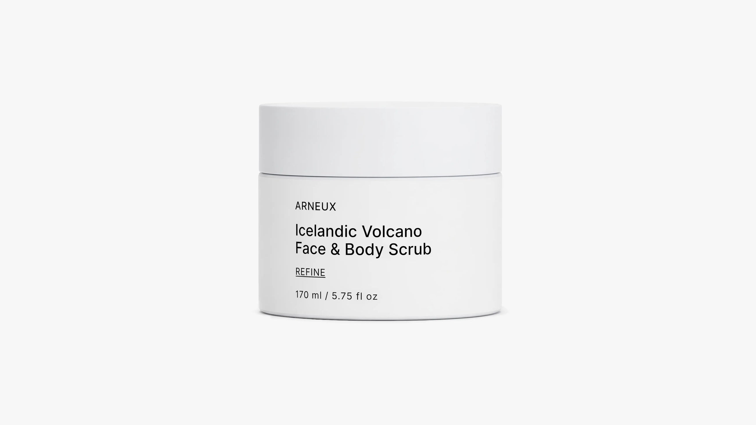 Arneux REFINE icelandic volcano face and body scrub white jar, front label on white background