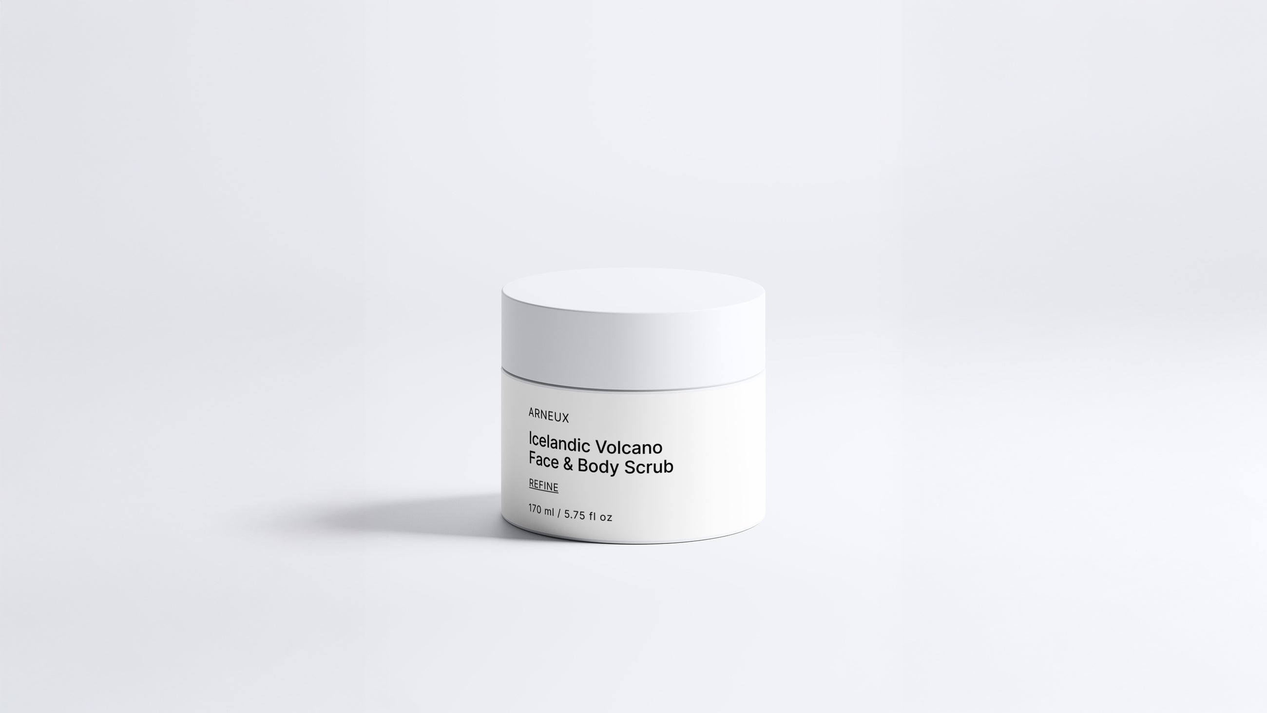 Arneux REFINE icelandic volcano face and body scrub white jar, front label on white background