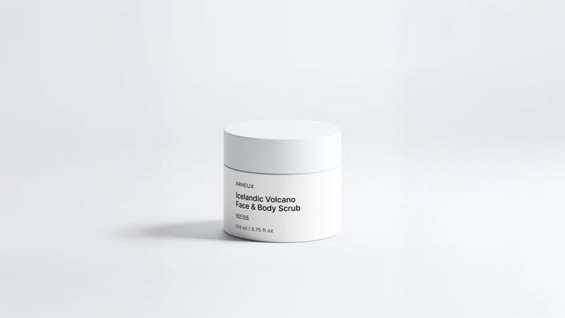 Arneux REFINE icelandic volcano face and body scrub white jar, front label on white background