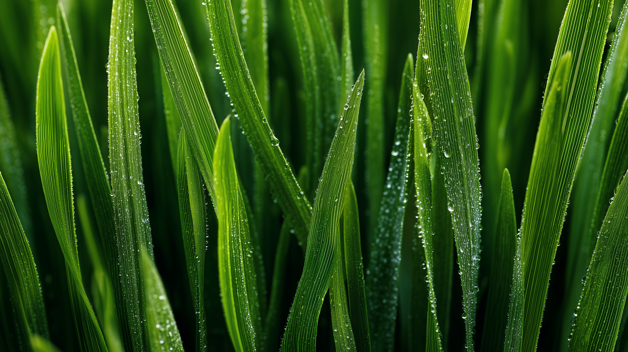 Green reed blades with water droplets close-up, Icelandic plant-derived ingredient in REFINE scrub