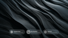 Swirling dark volcanic mineral texture with Icelandic sand, olive squalane and vitamin E callouts
