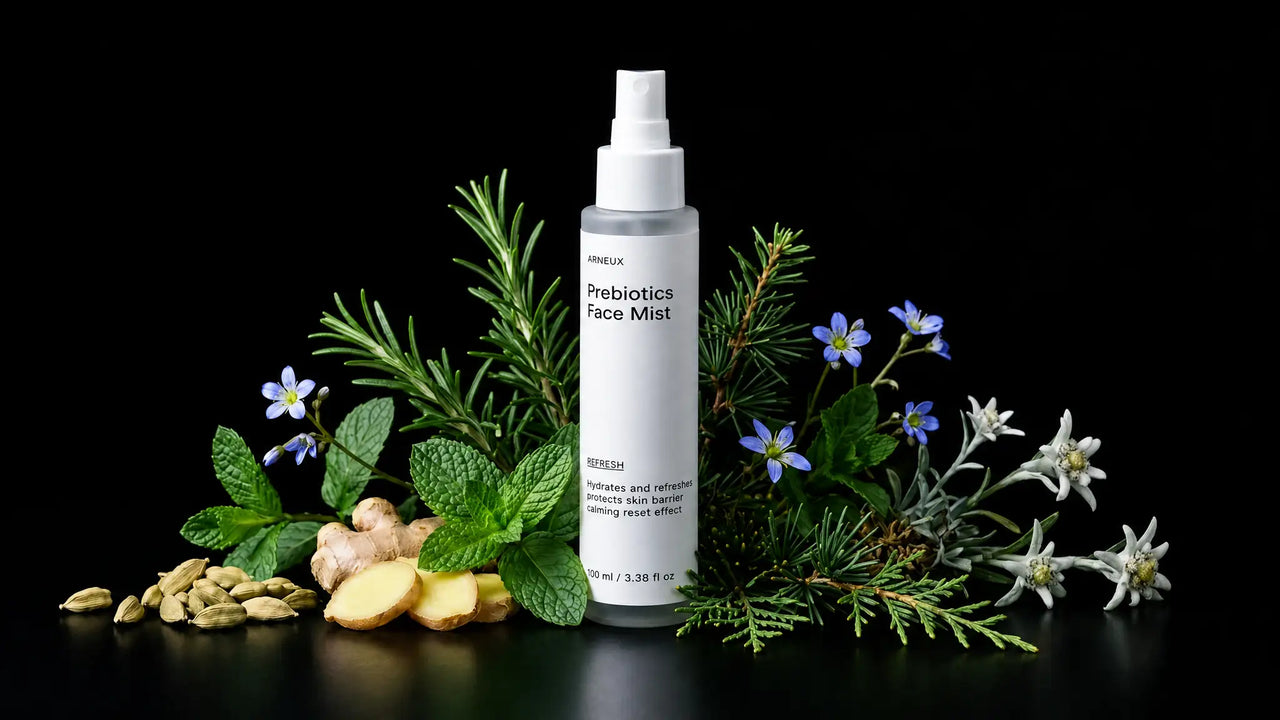 REFRESH face mist bottle with rosemary, mint, edelweiss, ginger and cardamom on black background