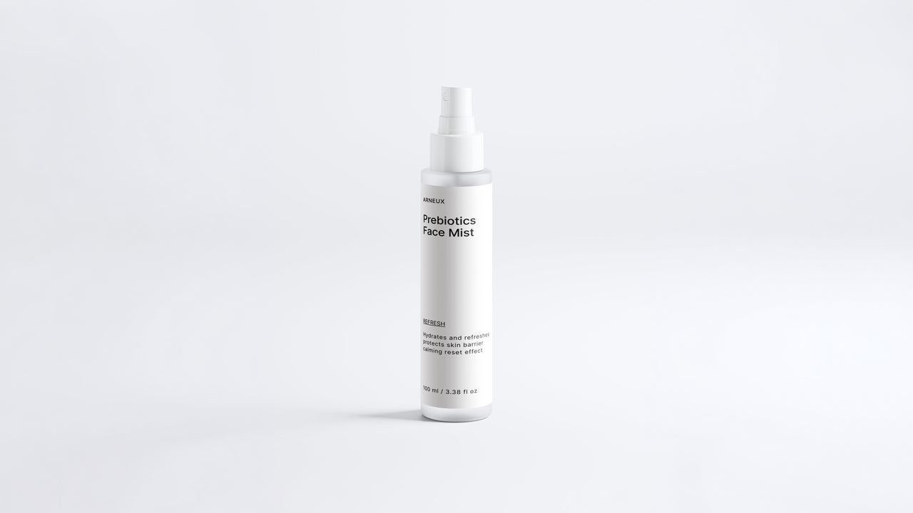 Arneux REFRESH prebiotics face mist spray bottle, front label on white background
