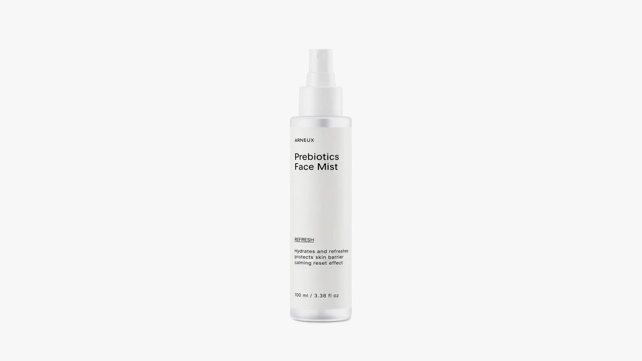 Arneux REFRESH prebiotics face mist spray bottle, front label on white background