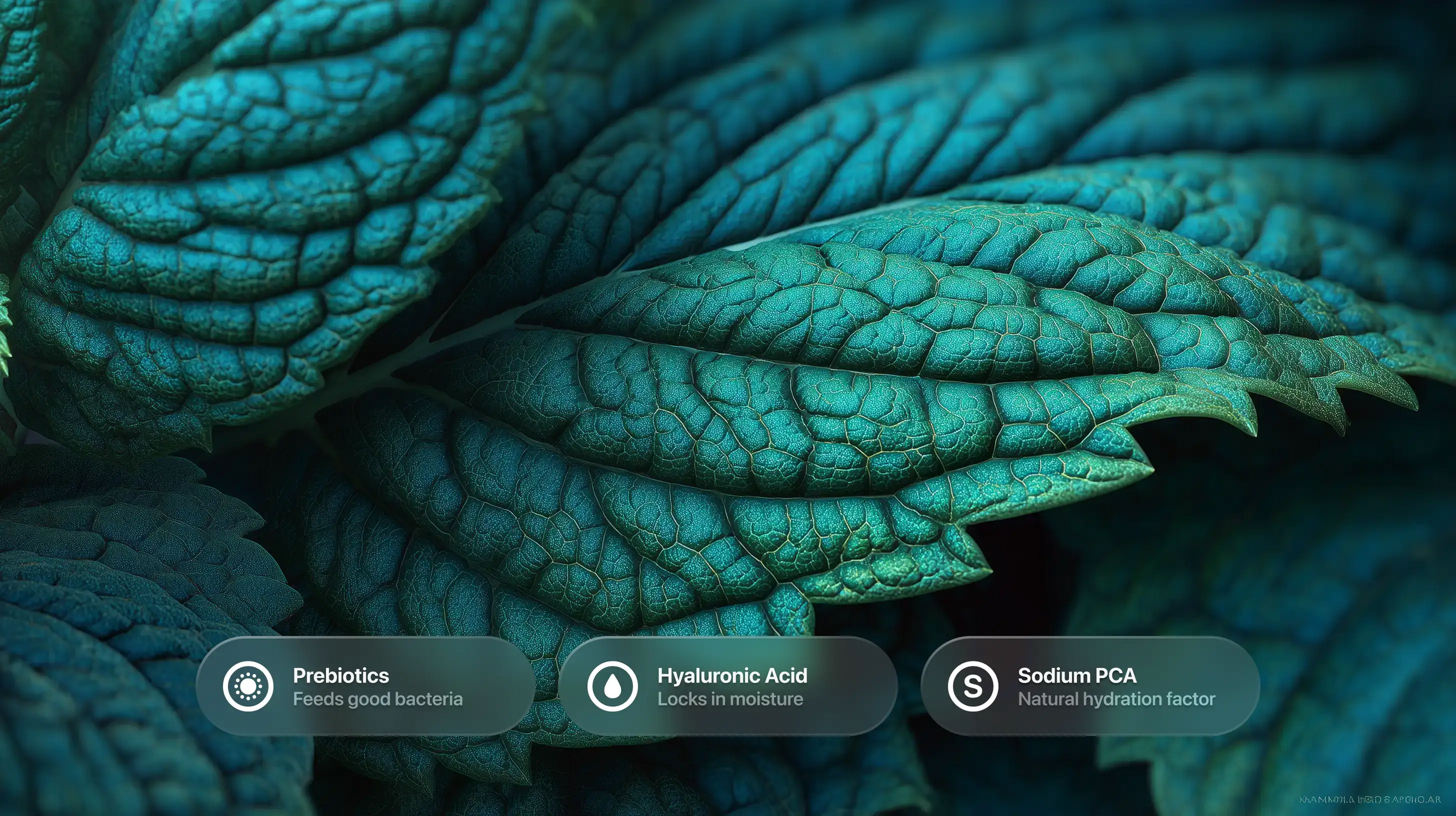 Textured teal mint leaves with prebiotics, hyaluronic acid and sodium PCA ingredient callouts
