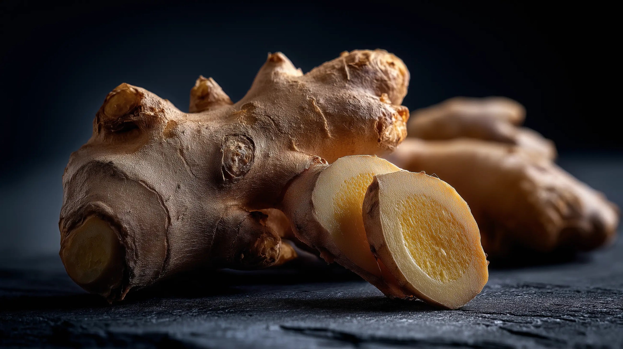 Sliced fresh ginger root on dark surface, anti-inflammatory botanical in REFRESH face mist