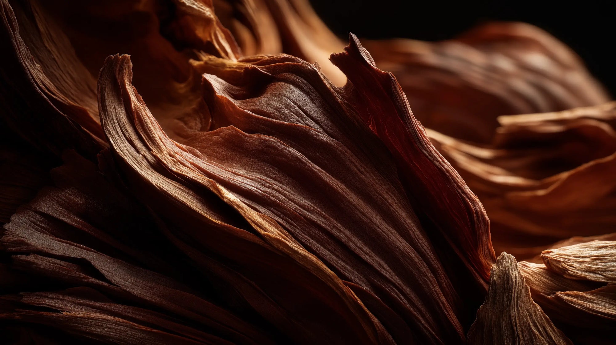 Swirling terracotta mineral wood layers close-up, representing natural mineral origin in REFRESH mist
