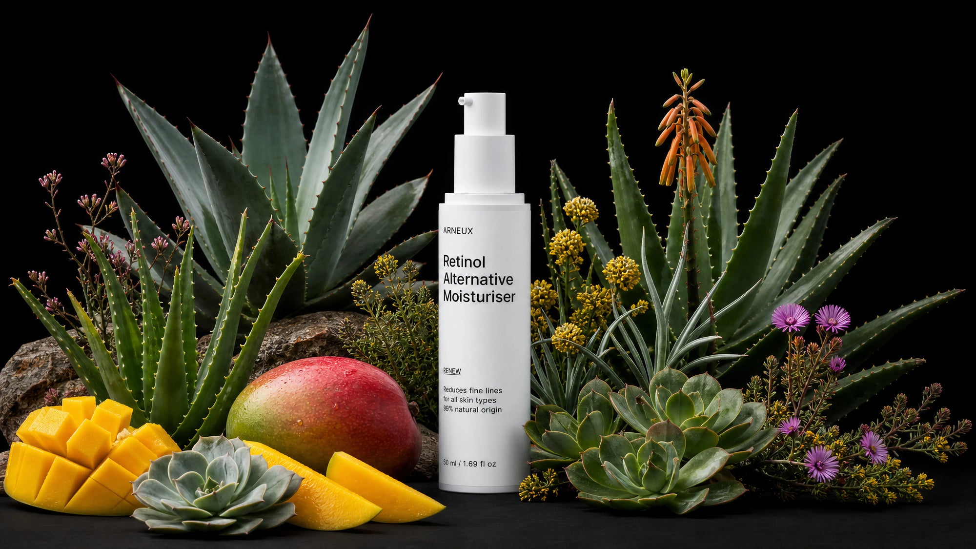 RENEW moisturizer bottle with agave, aloe, mango, succulents and wildflowers on black background