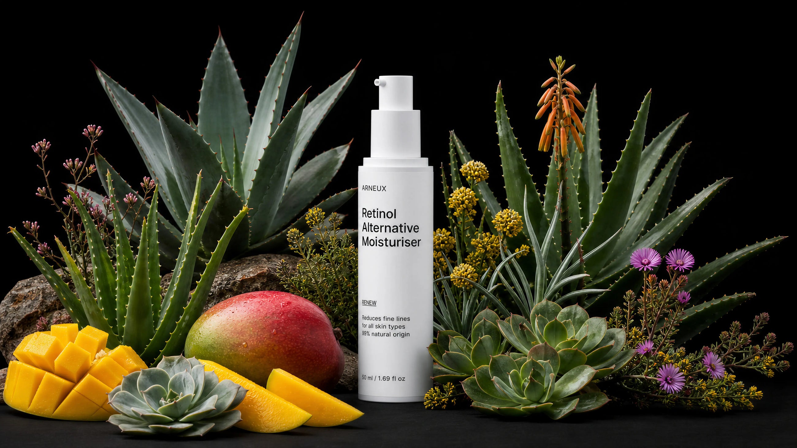 RENEW moisturizer bottle with agave, aloe, mango, succulents and wildflowers on black background