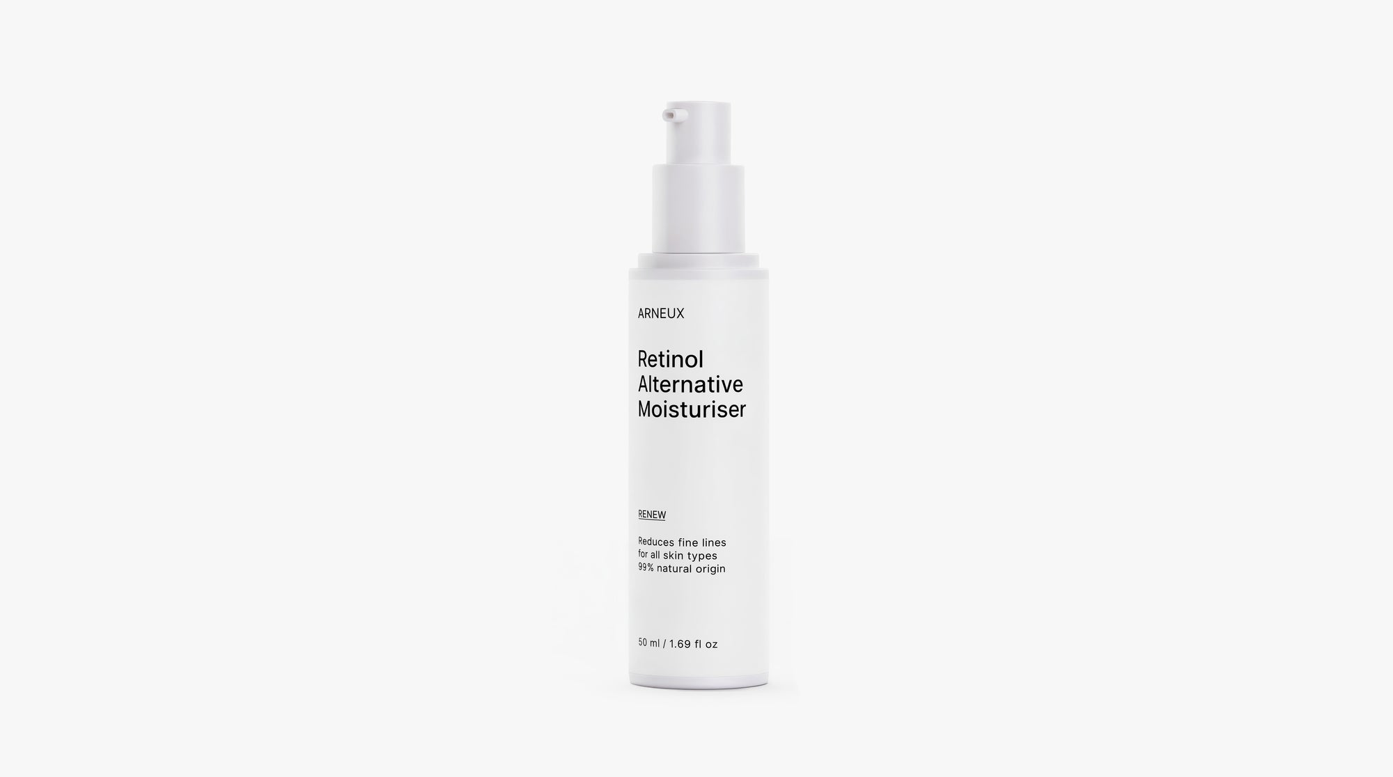 A white cylindrical pump bottle of ARNEUX Retinol Alternative Moisturizer on a clean white background