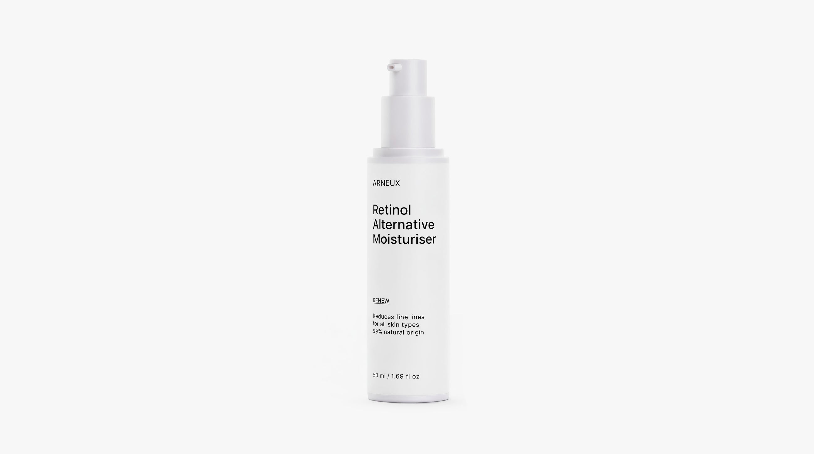 A white cylindrical pump bottle of ARNEUX Retinol Alternative Moisturizer on a clean white background