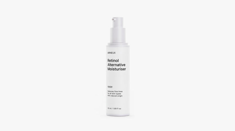 A white cylindrical pump bottle of ARNEUX Retinol Alternative Moisturizer on a clean white background