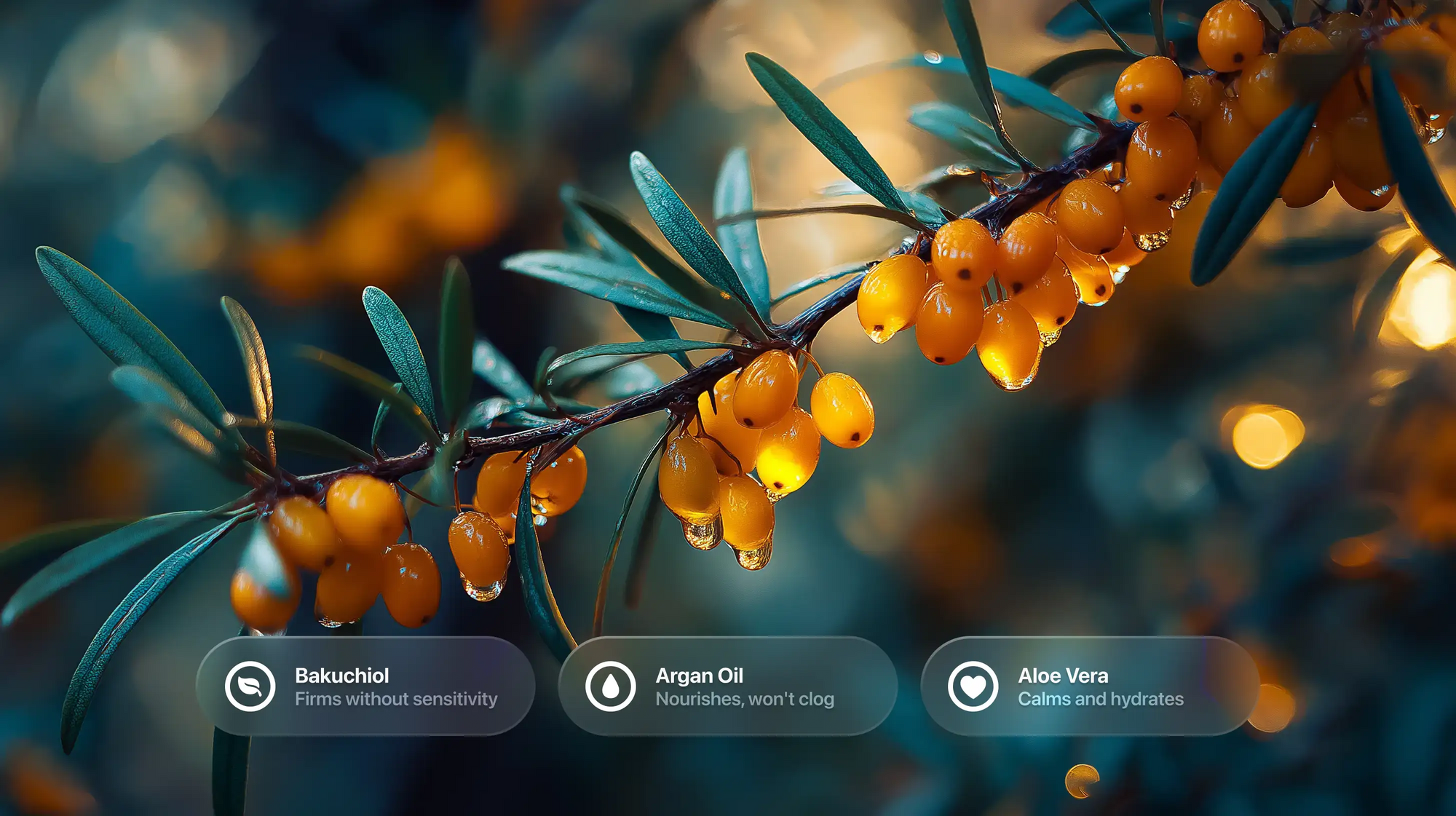 Sea buckthorn berries on branch with bakuchiol, argan oil and aloe vera ingredient callouts