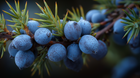 Plump blue juniper berries on branch close-up, antioxidant botanical in retinol alternative moisturizer