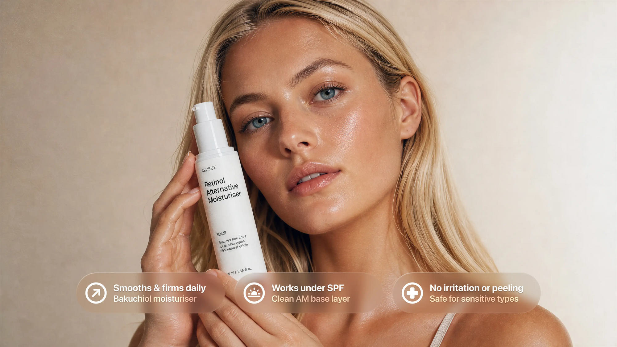 Woman holding RENEW retinol alternative moisturizer, smooths firms daily no irritation or peeling callouts