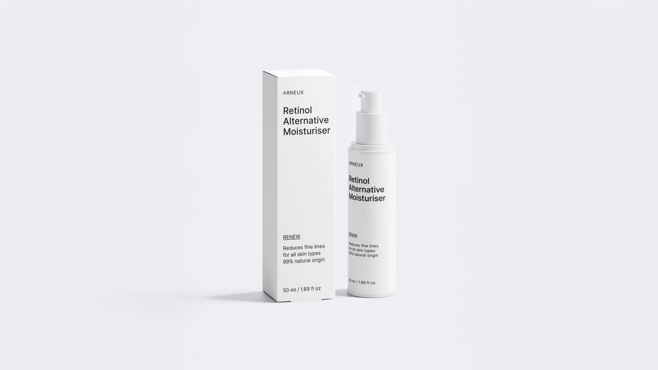 RENEW retinol alternative moisturizer bottle and box packaging set on grey background