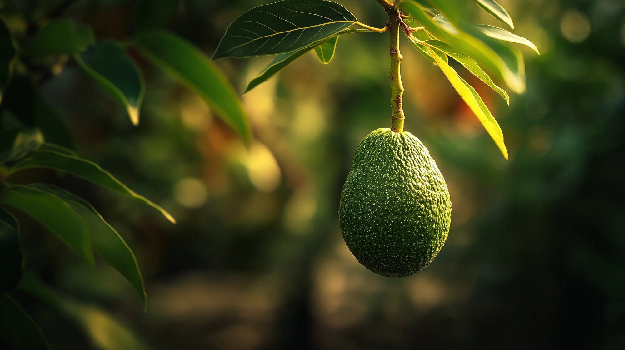 Fresh avocado hanging on tree branch in golden light, nourishing oil ingredient in RESCUE hair mask