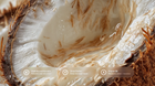 Open coconut showing flesh and fibres with hydrolysed keratin, shea butter and argan oil callouts