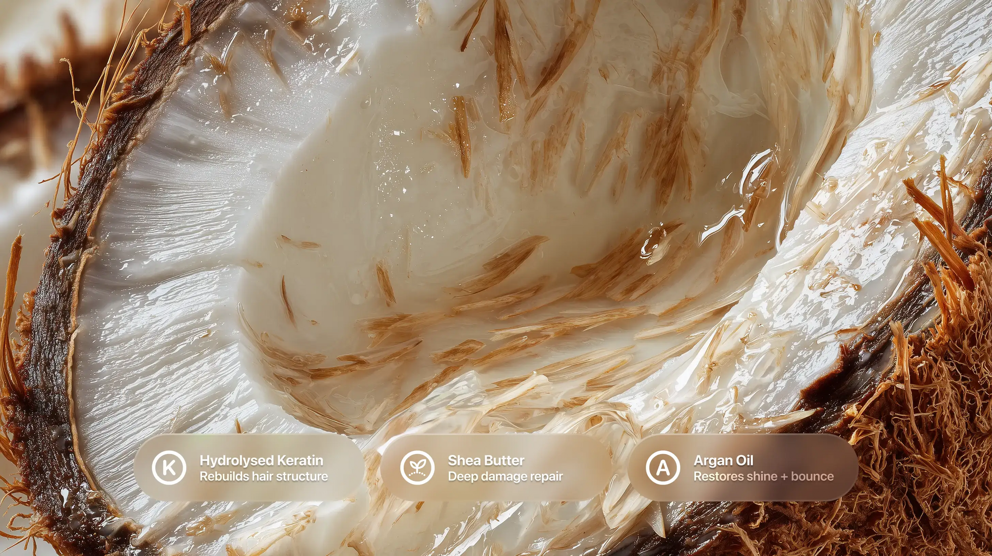 Open coconut showing flesh and fibres with hydrolysed keratin, shea butter and argan oil callouts