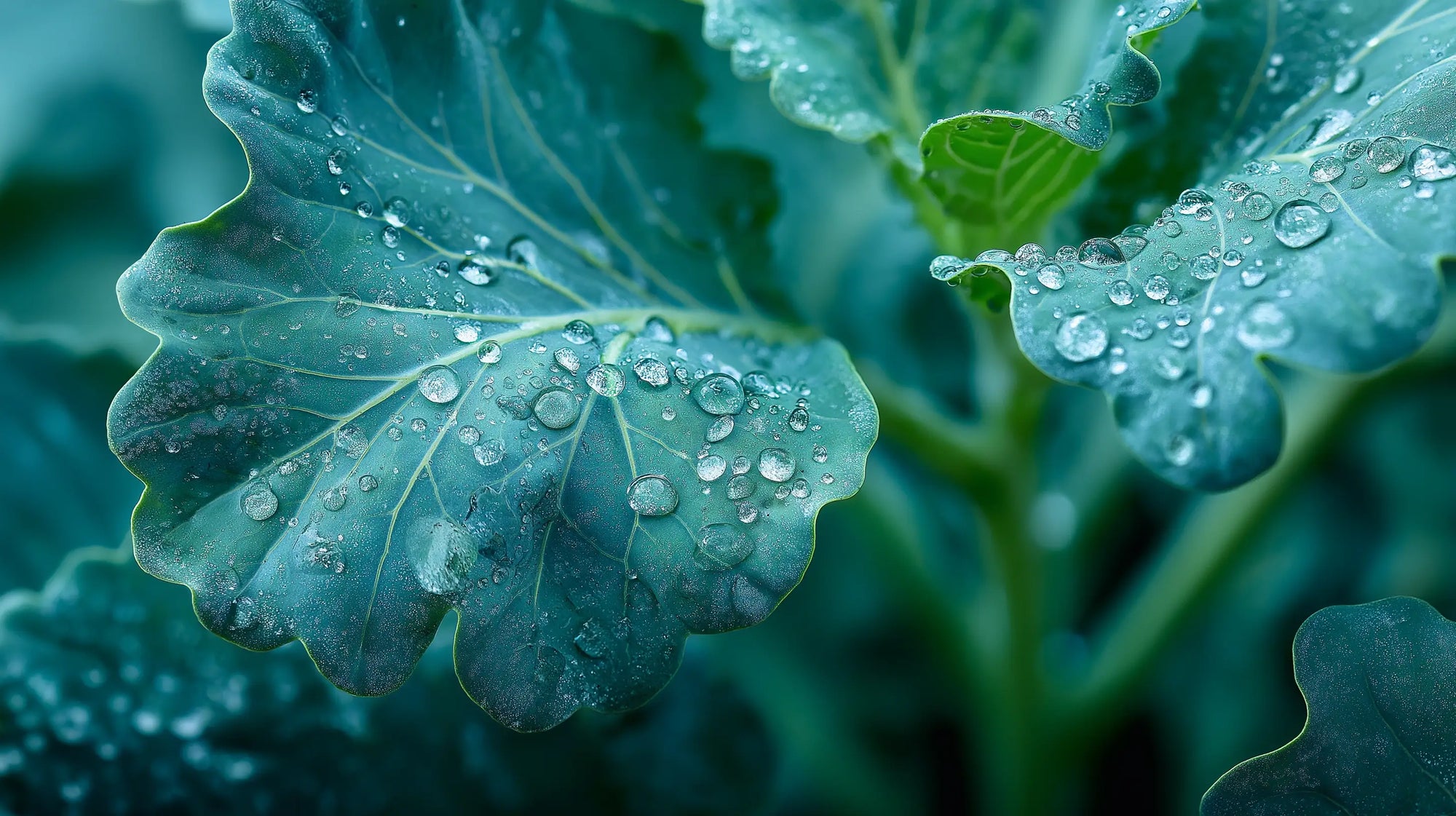 Blue-green kale leaf with water droplets close-up, plant-derived strengthening ingredient in RESCUE mask