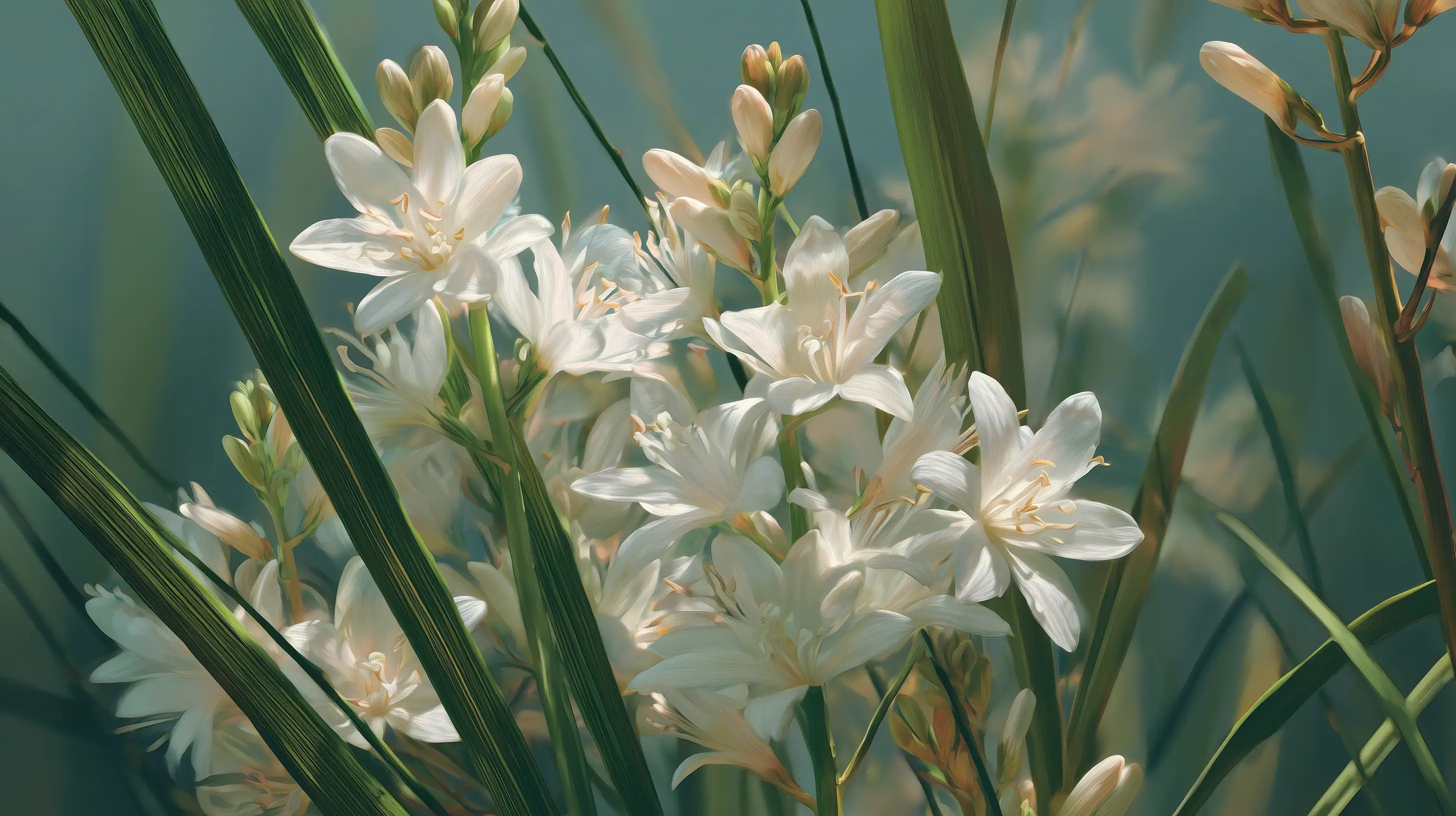 White tuberose flowers with green stems close-up, softening botanical in RESCUE keratin hair mask