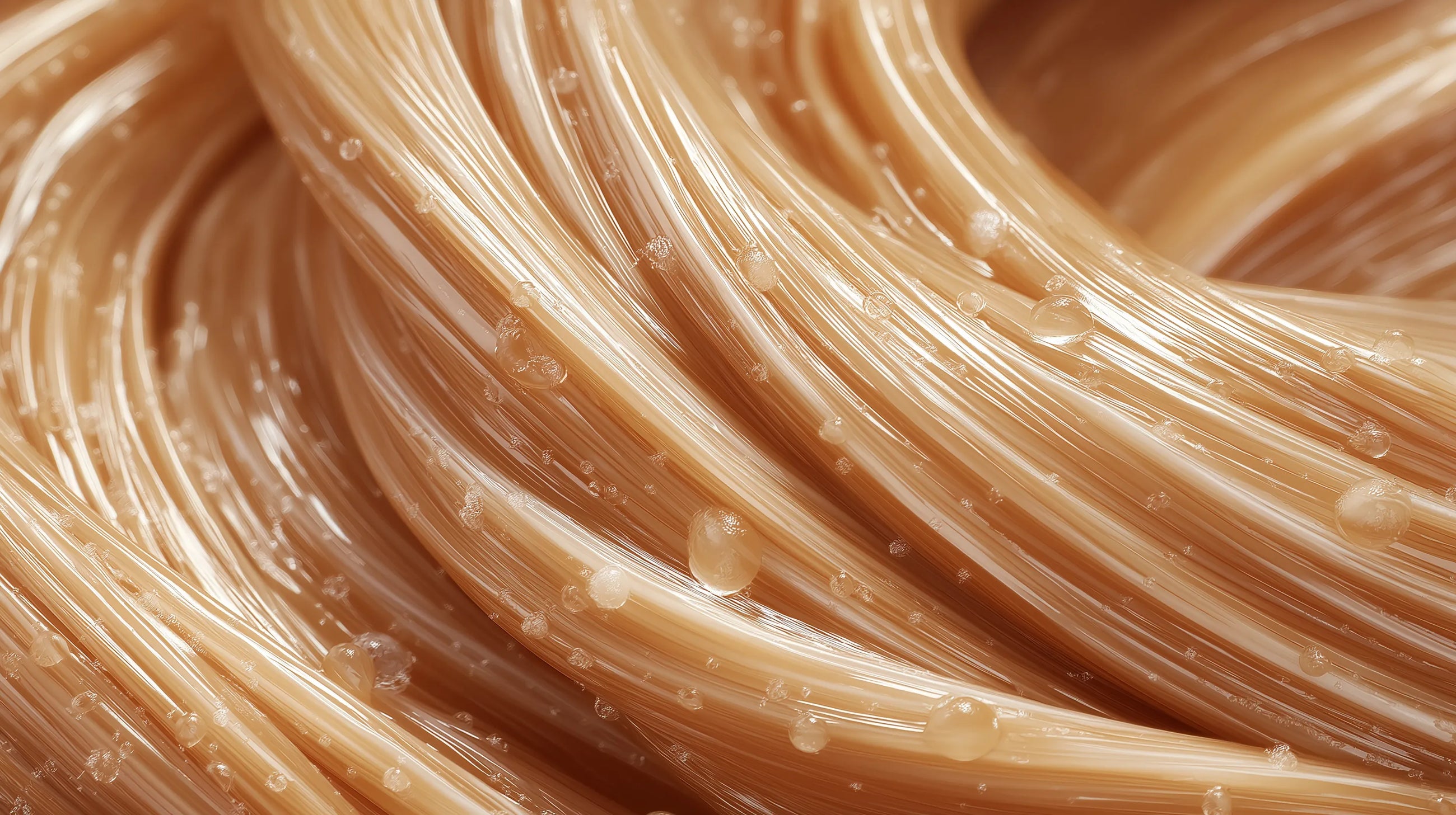 Golden hair strands close-up showing smooth repaired texture after keratin intensive hair mask