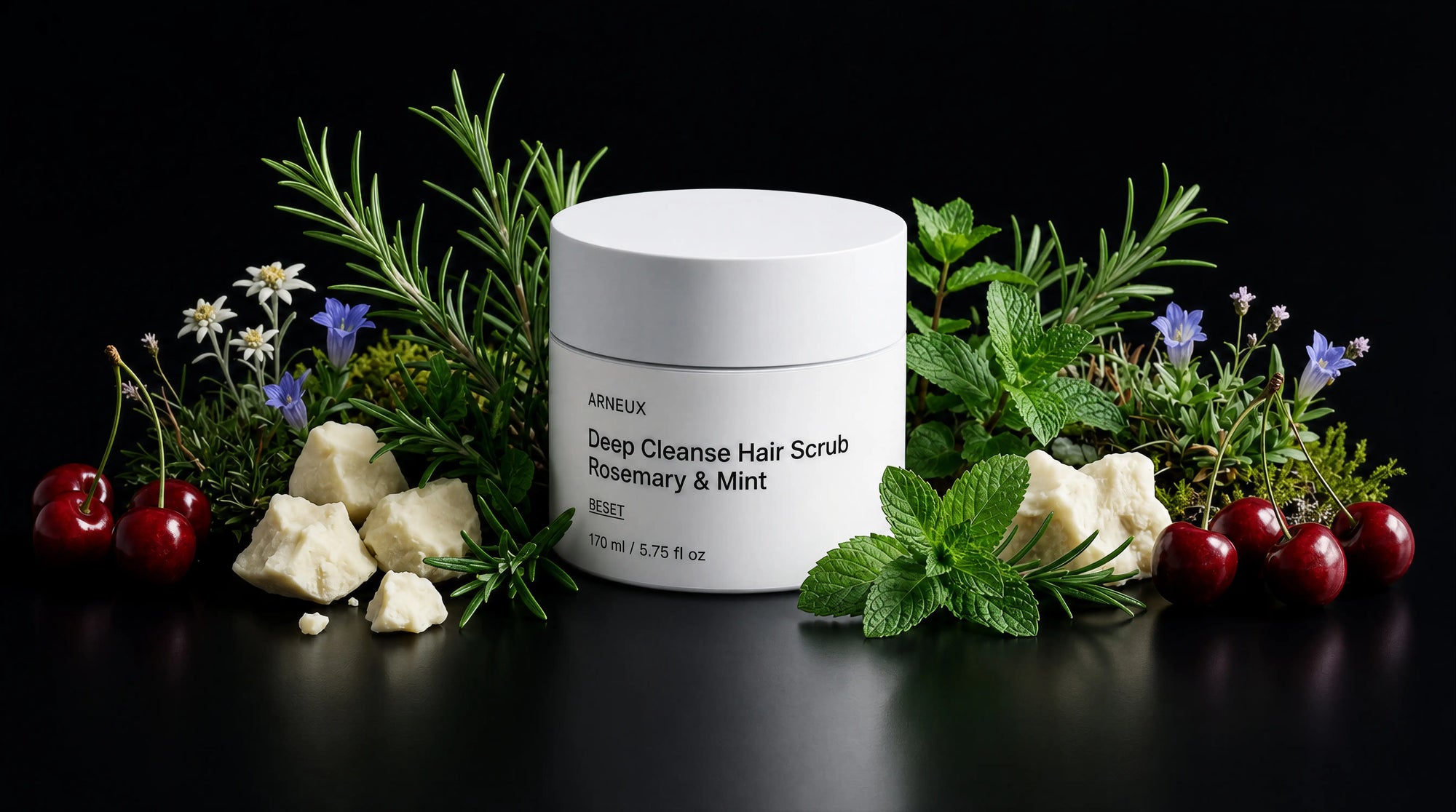 RESET hair scrub jar with rosemary, mint, edelweiss, cherries and shea butter on black background
