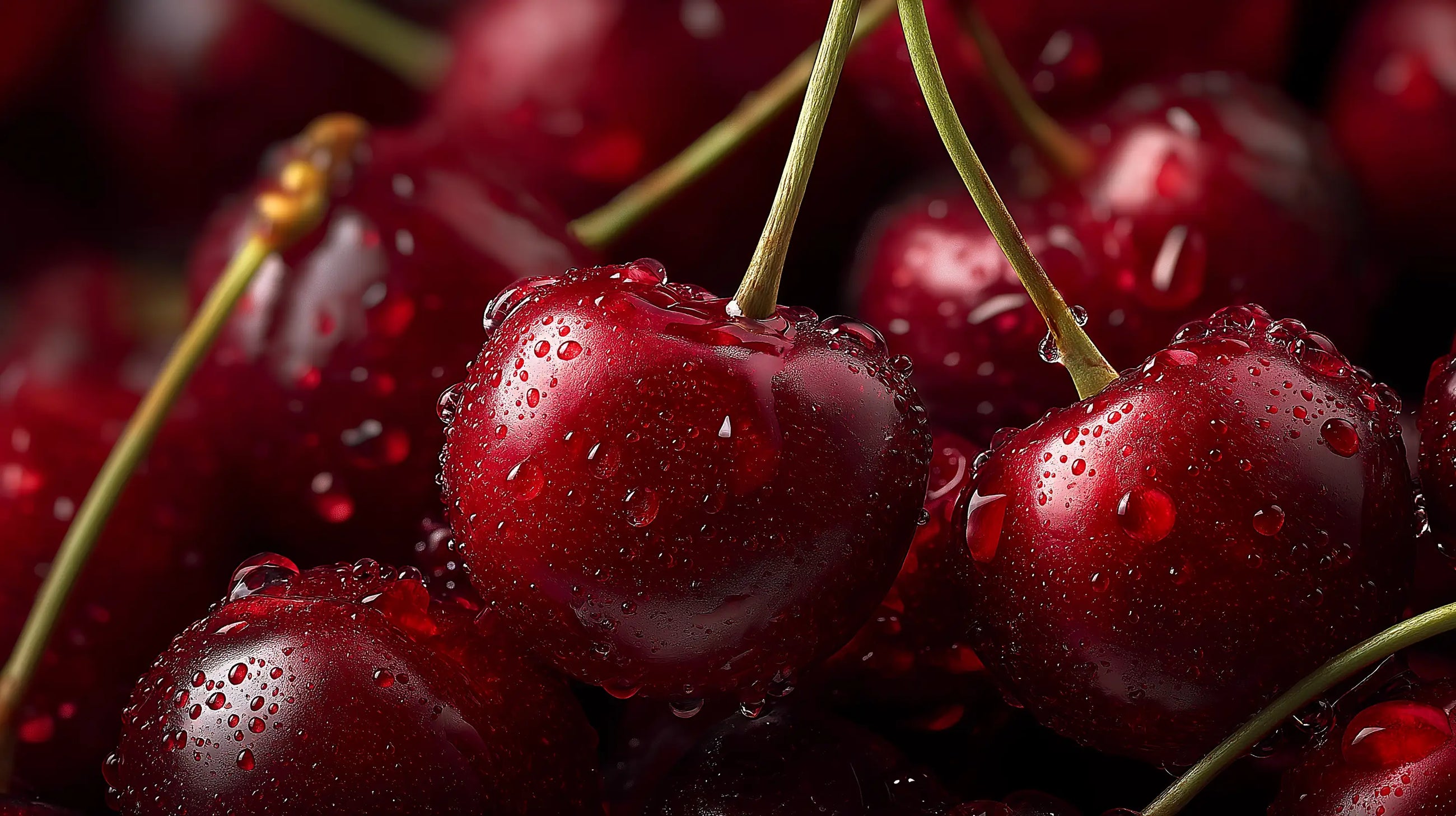 Glistening fresh cherries with water droplets close-up, antioxidant botanical in RESET hair scrub