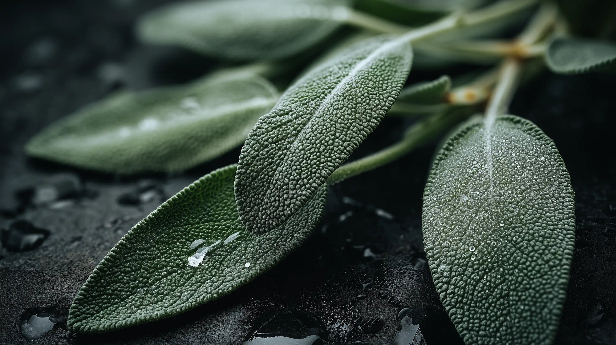 Sage leaves on dark wet surface close-up, purifying botanical ingredient in deep cleanse hair scrub