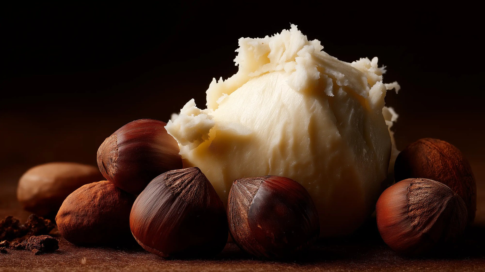 Raw shea butter chunk with shea nuts close-up, moisturizing ingredient in RESET deep cleanse hair scrub