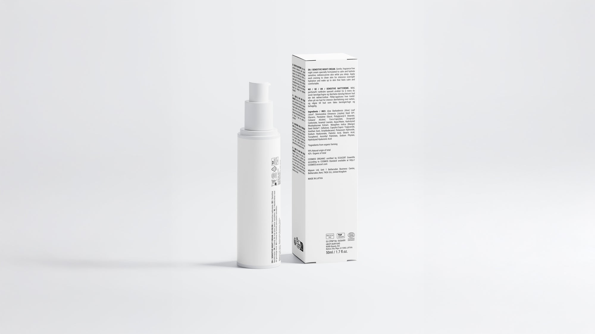 REST sensitive skin overnight cream bottle beside box back panel showing ingredient list